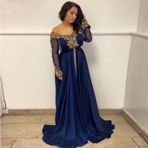 Navy Blue Moroccan Caftan Muslim Evening Dresses Embroidery Long Sleeve Off Shoulder Dubai Formal Party Gowns Robe De Soiree