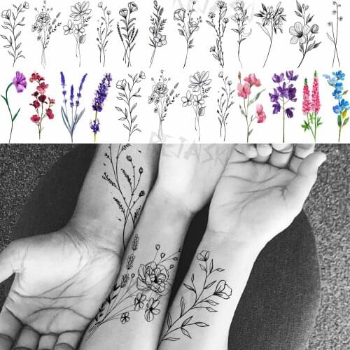 Black Rose Leaf Wrist Temporary Tattoos For Women Adult Lavender Hyacinth Realistic Fake Tattoo Waterproof Body Art Tatoos Decal