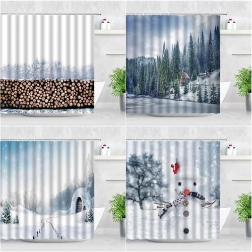 Winter Forest Snow Scenery Shower Curtains Pine Trees Snowman Rural Landscape Wall Decor Waterproof Fabric Bathroom Curtain Hook