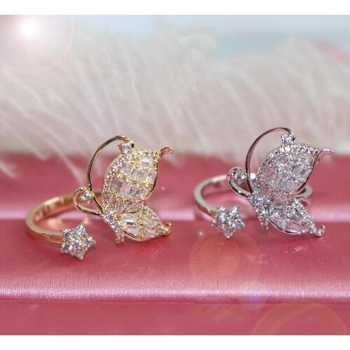 Delicate 14K Gold Plated Butterfly Open Rings for Women Luxury Zircon CZ Flower Adjustable Rings