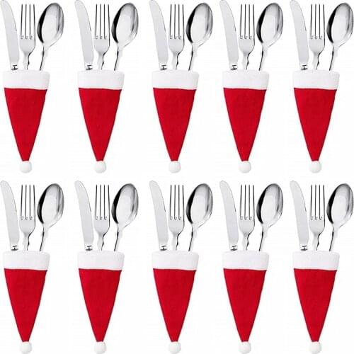 BalleenShiny 10 PCS Christmas Home Decoration Creative Flannel Knife And Fork Cover Christmas Wine Bottle Cap Table Decoration