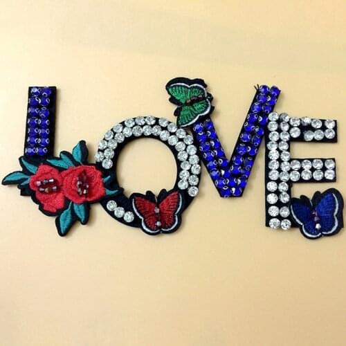 2pcs LOVE Diamond Patch for Clothes Sewing on Rhinestone Beaded Applique for Jackets Jeans Bags Shoes Beading Applique