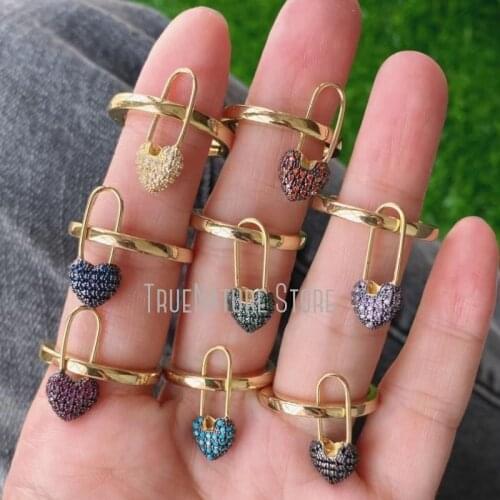 5Pcs RM40039 Heart Gold Plated Adjustable Cubic Zirconia Rings Heart Shape Lock Colors Gold Plated Cubic Zirconia Ring