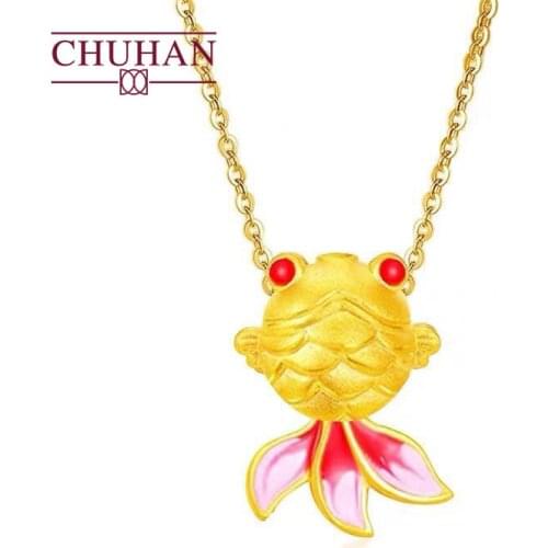 CHUHAN 999 Pure Gold Goldfish Bobo Fish Pendant Necklace 18k Clavicle Chain Au750 Birthday Gift Girl Boutique Jewelry Wholesale