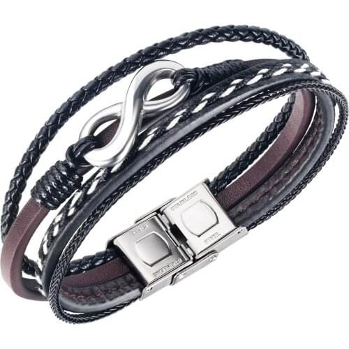 Cyue European Men Boy Braided Multi-layer Leather Bracelet Endless Charm Stainless Steel Button Wristband ZYLB0182