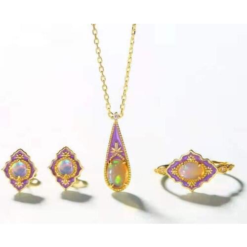 Classic And Stylish Plated Gold Purple Enamel Stone Set Three-Piece Jewelry Set（Ring Opening Is Adjustable