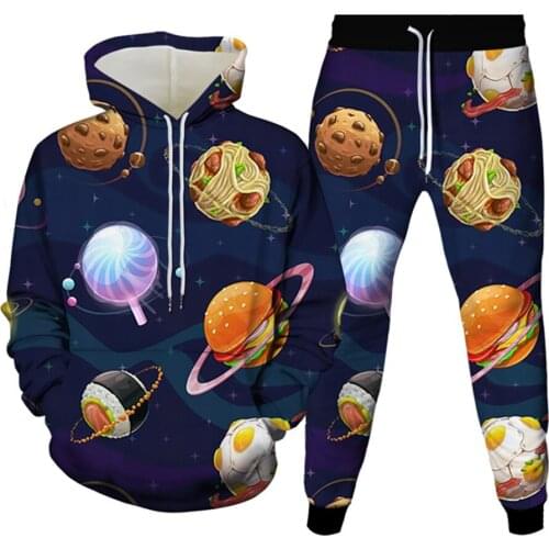 Men Casual Tracksuit Autumn Spring Hoodies+Pant Suits 2Pc Set Cartoon Chocolate Food Fruit Planet Hamburger Galaxy Print Clothes