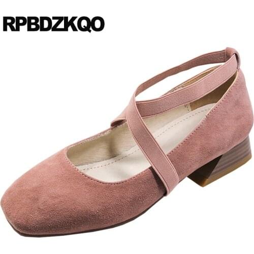 Genuine leather cross strap square toe thick ladies block low heels luxury nude pumps pink shoes women customized suede 2019