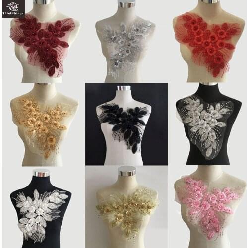 ThinkThings Embroidered Lace Sewing Patches for Neckline collar Applique DIY Accessories Sew on Rhinestones Sequins Beads