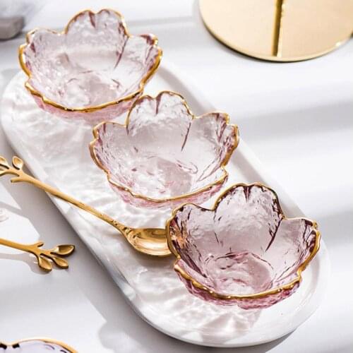 2Pcs Small Glass Dish Nordic Style Gold Inlay Glass Sauce Bowl Mini Japanese Cherry Blossoms Seasoning Plate For Salad Bowls
