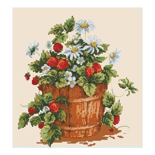 A bucket of strawberries cross stitch kit fruit plant flowers design 14ct 11ct canvas embroidery DIY needlework