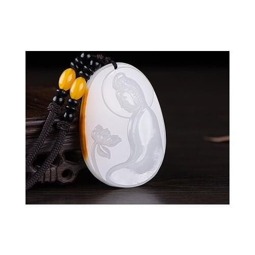 Natural Hetian jadees Guanyin mens and womens white jadees real leather Guanyin pendant Guanyin pendant lucky Amulet Pendant