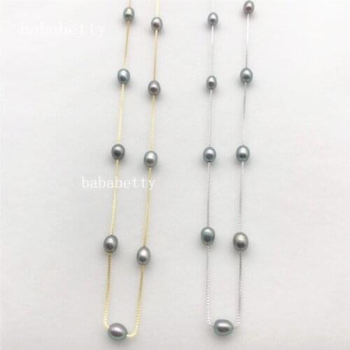 New Natural FreshwaterAAA 5-6MM black Rice Grain Pearl 925 Sterling Silver Necklace