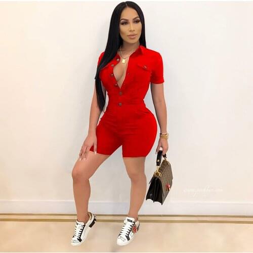 Single-breasted Casual Rompers Womens Bodysuit Casual Short Sleeve Turn Down Collar Playsuit Fashion Solid Bodycon Bodysuit New