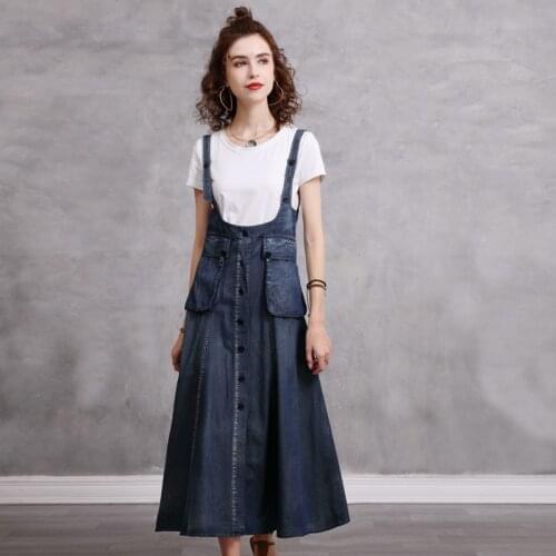 DUISNENA boho dress summer strap casual women dresses cotton blue denim vintage robe vestidos