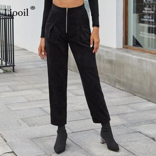 Casual Autumn Winter Clothes Corduroy Long Pants Women 2020 Zipper Up With Pockets High Waist Female Black Straight Leg Trousers