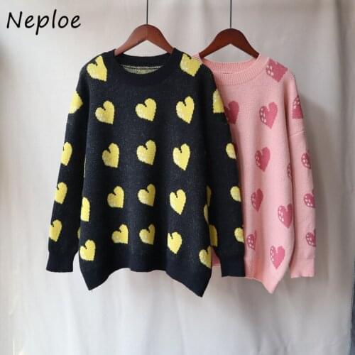 Neploe Loose O-neck Long Sleeve Sweaters Women Heart Print Fashion Casual Knitted Tops Female 2021 Autumn New Bottoming Pullover