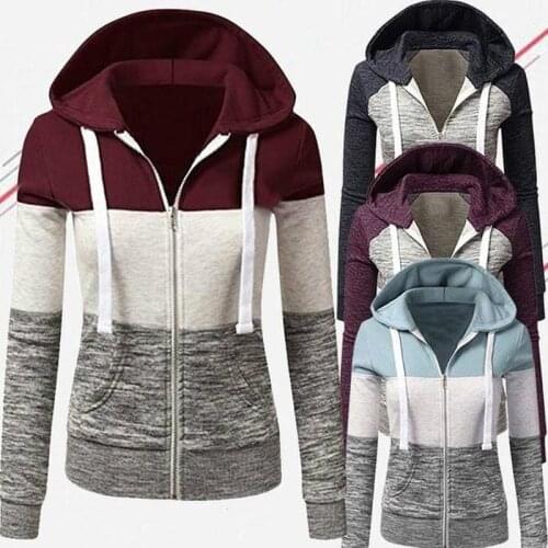 Women Patchwork Zip-Up Hoodie Spring Autumn Slim Hooded Jacket Fashion Long Sleeve Drawstring Pocket Hoodies Sweatshirts