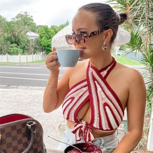 Knitted Colorful Patchwork Tank tops Woman Sleeveless Hollow Out Sweater Y2k Crop Halter Backless Lace Up Fairy Summer Clothes