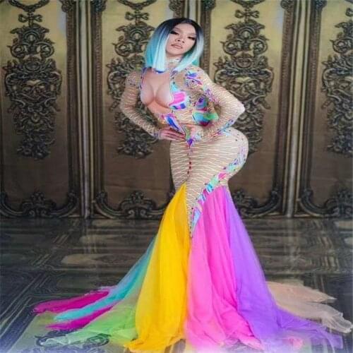 X18 Ballroom dance singer evening dress model perform Trailing dress colorful printed skirt party wears outfits Rhinestone cloth
