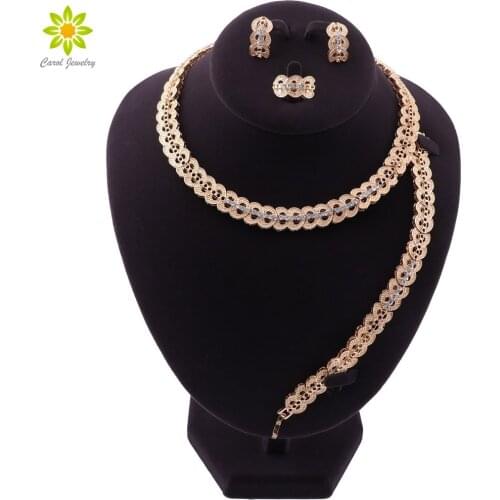 Fashion Wedding Party Jewelry Sets Dubai Bride Crystal Gold Color Necklace Bracelet for Women Fashion Earrings Ring Jewelry