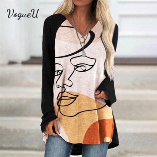 Women T-Shirt Long Sleeve V-Neck Face Abstract Print Tshirt Loose Top Autumn Fashion Casual Personality Plus Size Spring Shirts