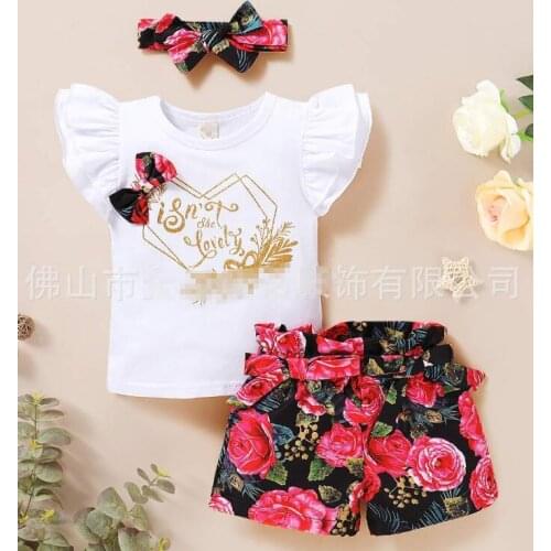 Three Piece Girl’s Clothes Fresh Letter Short Sleeve Tops and Flower Short Pants with Headband