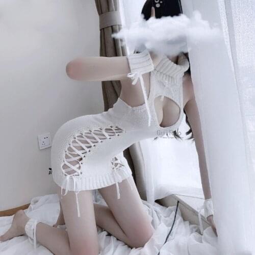 Women Open Chest Turtleneck Knitwear Backless Anime Cosplay Bandge Tops Sexy Japanese Corset Strap Virgin Killer Sweater Dress