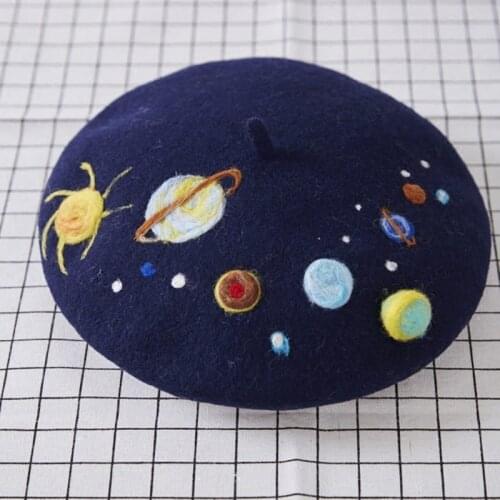 Vintage Planet Star Woman Woolen Berets Autumn Winter Womens Creative Hat Handmade Gift