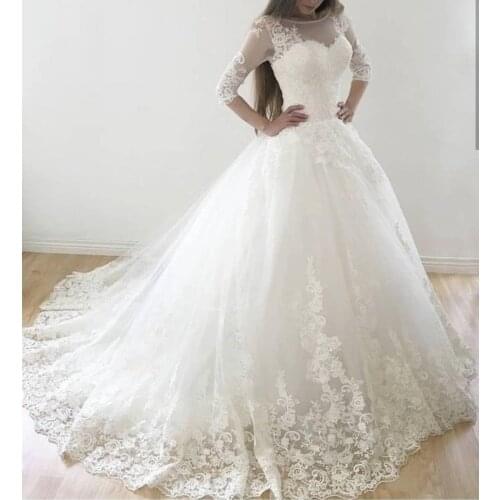 Robe de mariee Vintage Half Sleeve Lace Tulle Wedding Dress Generous Scoop Neck Lace Up Back Bride Dress for Wedding