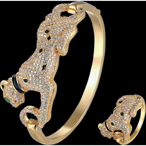 Zlxgirl Luxury brand jet Enamel gold leopard animal bangle with ring jewelry sets for women metal mirco pave bracelet bangle