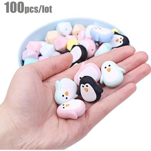 100Pcs Cartoon Silicone BPA Free Penguin Beads Chewable Animal Baby Teething Loose Beads Pacifier Chain Accessories