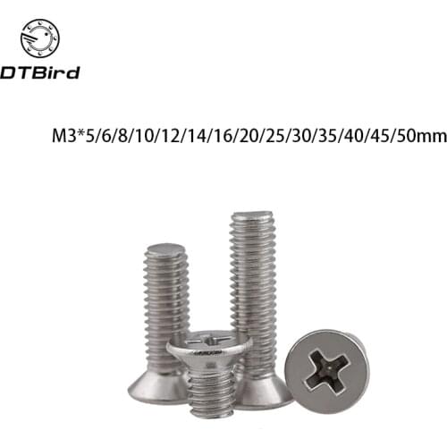 100pcs GB819 Metric Thread M3 304 Stainless Steel flat head cross Countersunk head screw m3*(5/6/8/10/12/14/16/20/25/30/35/40)