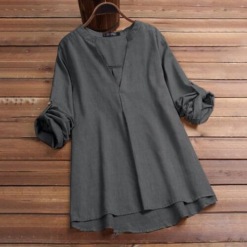 Vintage Blouse Women Tops V-Neck Fashion Cotton Linen Literary Mid-Length Loose Blouse Plus Size Clothing Camisas De Mujer