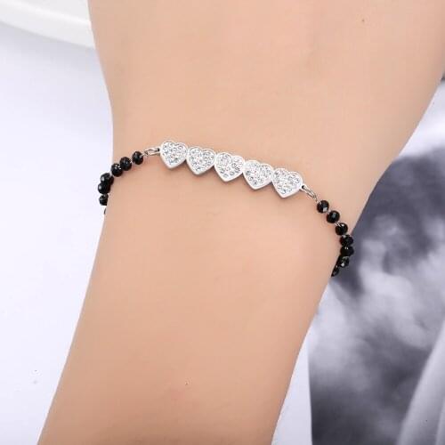 Crystal Heart Charms Bracelet for Women Stainless Steel Black Beads Chain Elegant Bracelets Female Jewellery Friendship Gift