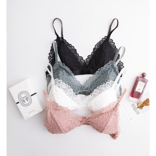 French Lace Bra Sexy Female Lingerie Real Velvet with Thin Shoulder Strap Bra Girl Small Chest Triangle Cup Rimless Silk Bra