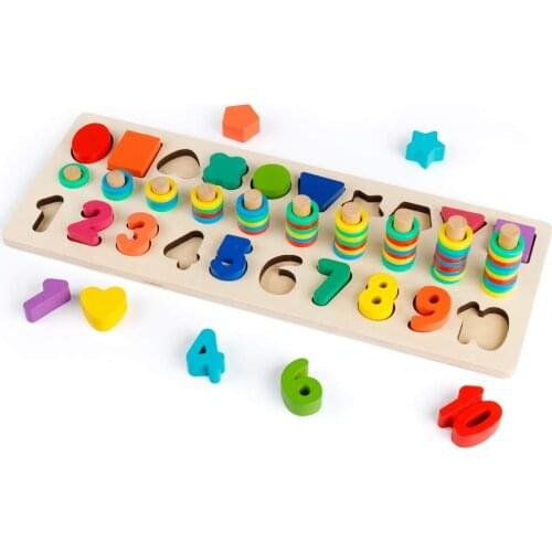 Wooden Count and Match Numbers & Shape Sorter Stacker Toy -Educational Preschool Learn to Count and Number Recognition Game