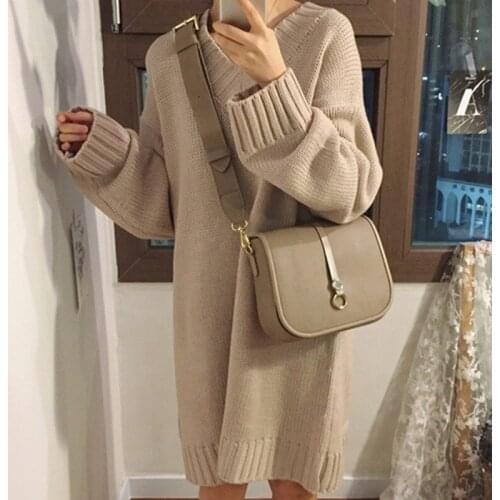 GOOHOJIO New 2019 Autumn Winter Women Dresses Sweaters Knitting Straight Fashionable Elegant Casual Ladies Midi Dress One Size