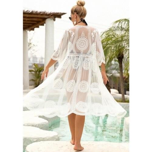 Summer Beach Dress Sexy See Through Beach Cover Up Hollow Bikini Cover Ups Cardigan Long Robe Lace Swimwear Bathing Clothing