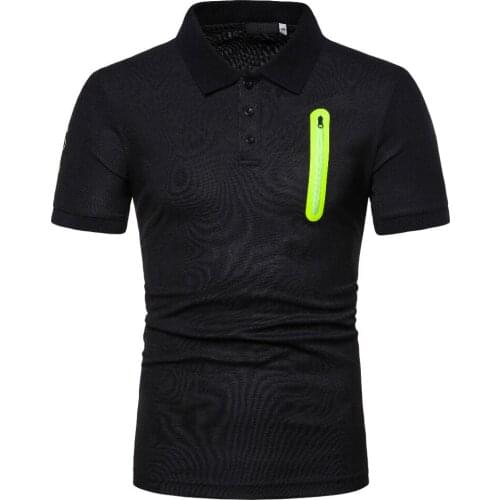 Mens Short Sleeved Polo Shirt Turn Down Collar Pullover T-Shirt with Zipper Pocket Casual Slim Type Solid Color Patchwork Tops