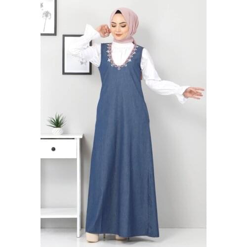 Nakışlı Kot Salopet TSD04100 Koyu Mavi