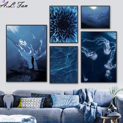 Blue flower sea beach diving landscape wall art canvas painting nordic posters and prints wall pictures for living room decor