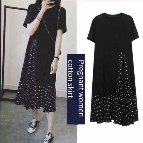 Maternity Dress Summer Short-Sleeved Dress New Korean Version Plus Size Maternity Dress Summer Mid-Length Loose Long Dress