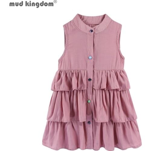 Mudkingdom Button Down Toddler Girl Midi Dresss Plain Summer Dress Girl Cute Sleeveless Dress Children Clothes for Kids