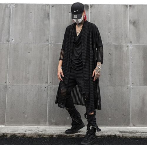 Spring summer black ultrathin men long shirt side split lengthen blouse man vintage casual street punk hip hop shirts cardigan