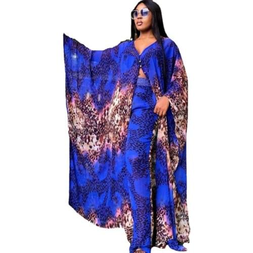 Leopard African Clothes Women 2 Piece Set Chiffon Batwing Sleeve Robes Tops 2021 New Fashion Streetwear African Dress Pant Suits