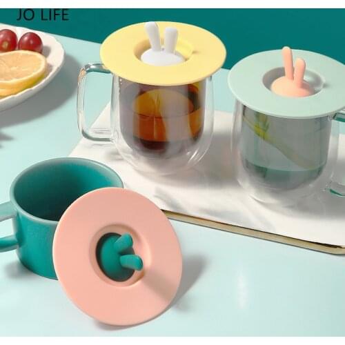 JO LIFE Cartoon Silicone Cup Sealed Cover Reusable Heat Resistant Rabbit Ear Shape Leak-proof Cup Lid