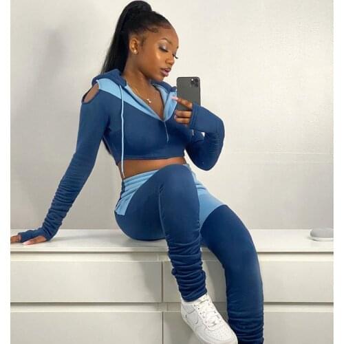 Adogirl Patchwork Women Tracksuit Fitness Sporty 2 Piece Sets Long Sleeve Hoodies + Stacked Sweatpants Outfit Matching Suit