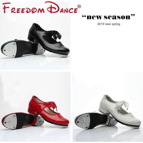 Girls Red White Patent Flexible Ribbon Tie Tap Shoes Comfort Security Step-Dancing For Female Beginner Tappers All Size 26-42
