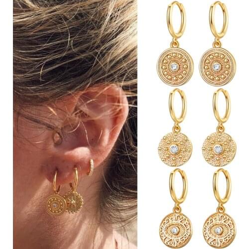 Bosnian Style 14K Gold Filled CZ Round Patterned Earrings Vintage Cubic Zircon Evil Eye Dangle Earrings for Women Fashion Gift